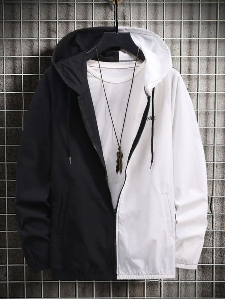 

men two tone drawstring hooded jacket x6ot#, Black;brown