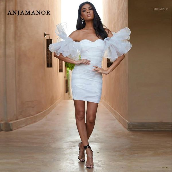 

anjamanor white dress women off shoulder ruffle mesh puff sleeve bodycon mini dress for wedding party club wear d32-ae211, Black;gray