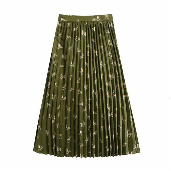

new pleated long skirt women green animal print high waist woman 2021 spring vintage a line casual female skirts czhs, Black
