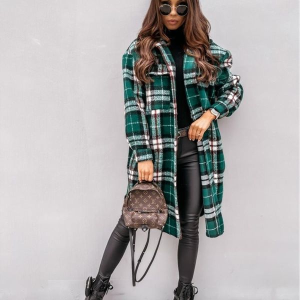 

women autumn shirt coat femme winter long-sleeved plaid printed shirt jacket fashion loose turn down collar single-breasted long, Black;brown