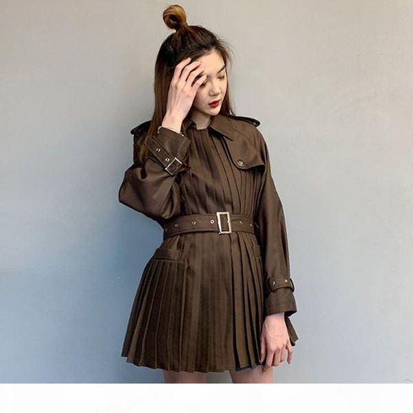 

a line green autumn ruched patchwork women's dresses coats lapel collar long sleeve high waist with sashes 2020 oversized fashion new, Black;gray