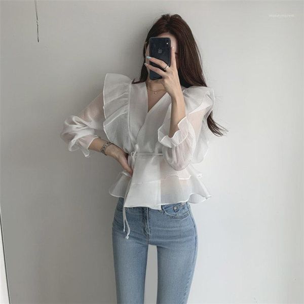 

women's blouses & shirts retro v-neck shirt ruffles 2021 waist-controlled solid hong kong style thin chiffon sunscreen blouses1, White