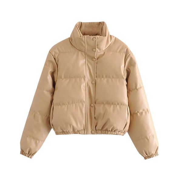 

women fashion faux leather parkas thick warm jacket padded coat vintage long sleeve pockets female outerwear chic, Black