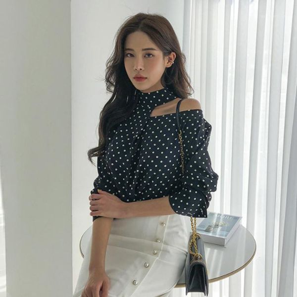 

women's blouses & shirts 2021 brand women fashion blouse halter neck long sleeve polka dot chiffon shirt summer chemise blusa mujer1, White
