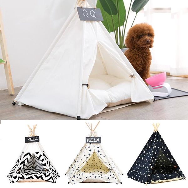 

pet cat dog teepee with cushion & blackboard, portable dog tents & pet houses, wood canvas tipi fold tent small animals bed