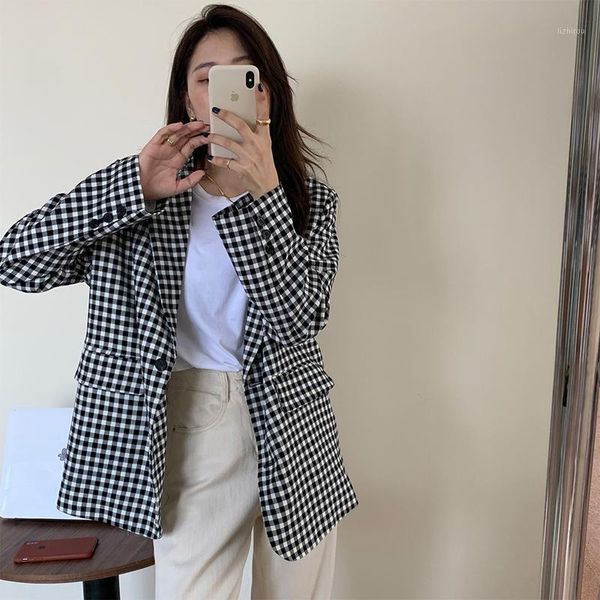 

hzirip notched vintage plaid single breasted blazer coat oversize simple autumn casual loose chic women retro suit jacket1, White;black