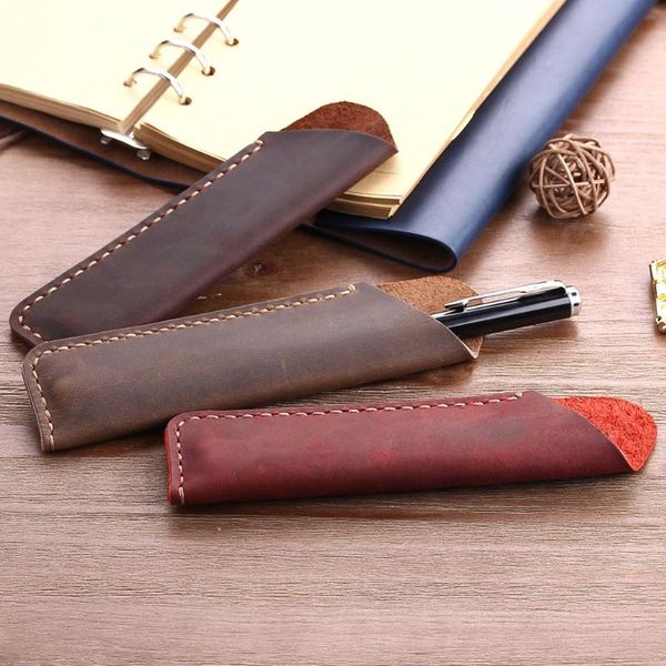

pencil bags double genuine leather pen pouch holder bag case sleeve for fountain ballpoint travel diary cover christmas gift