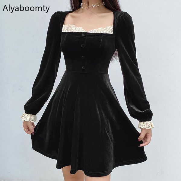 

japanese harajuku women black mini party dress gothic square collar with lace, Black;gray