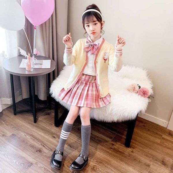 

pleated foreign girls' sle jk uniform autumn and winter plaid children's skirt cardigan suit three piece set, Blue