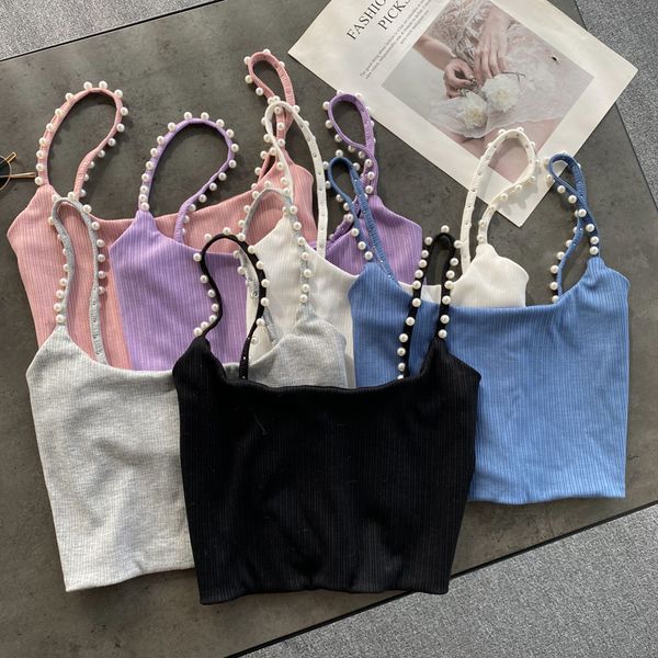 

2021 new women's singiny y2k chic sweater u neck skinny short summer tank off shoulder beads tape dsdd, White