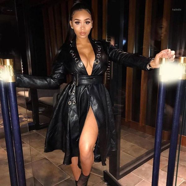 

2019 new women faux leather coat eyelet belt long sleeve pu dress coat club pleated deep v-neck big swing long jacket1, Black