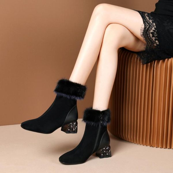 

boots 2021 spring autumn and winter women's leather shoes high heels plush snow women 33-40, Black