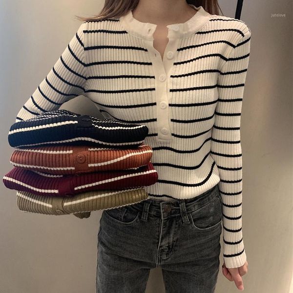 

zoki striped women pullover sweater fashion button long sleeve knitted slim korean jumper causal high elastic ladies 20201, White;black