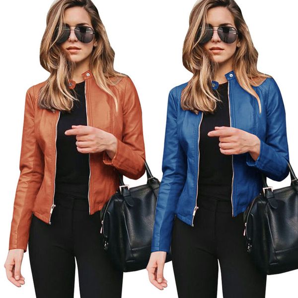 

women jackets autumn long sleeve zipper coat ladies pu leather jacket fashion slim coats female jackets 12 colors 050825, Black;brown