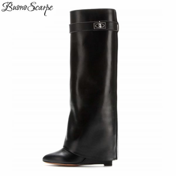 

buonoscarpe shark lock women wedge boots black fold knee high heel boots pointed toe long boots female wedges heel botas bigsize 201124