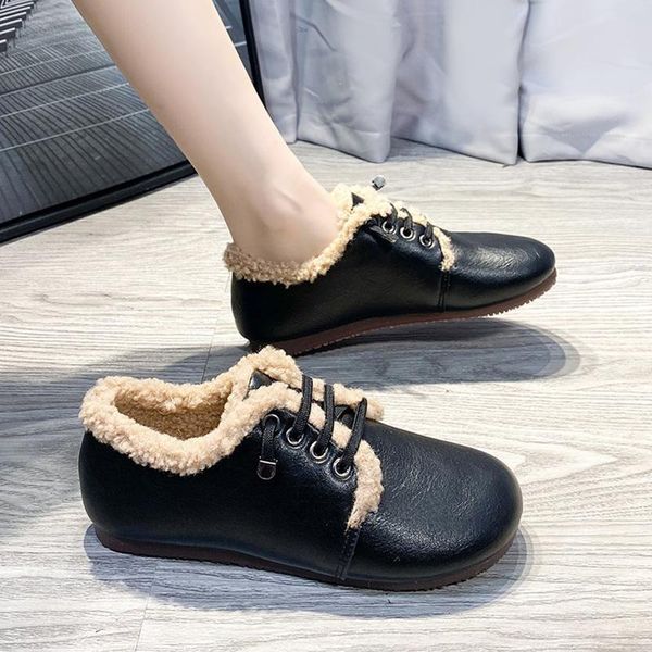 

boat shoe autumn loafers fur women's moccasins modis platform casual female sneakers all-match soft round toe fall new, Black