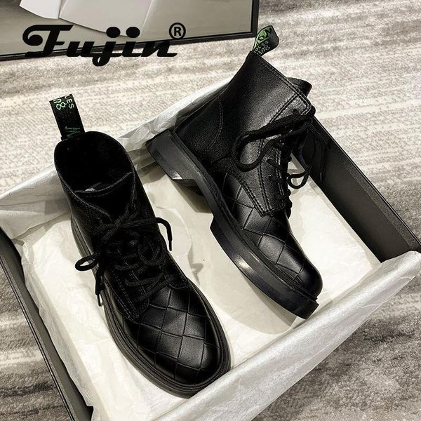 

boots fujin 2021 women genuine leather cow lace up ankle comfortable diamond design shoes, Black