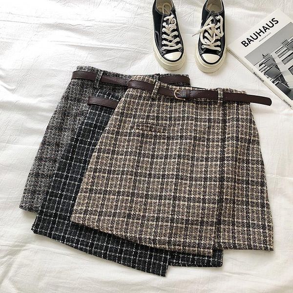 

2020 korean irregular lady mini skirt autumn sweet high waist a-line skirt vintage casual women plaid skirt with sashes, Black