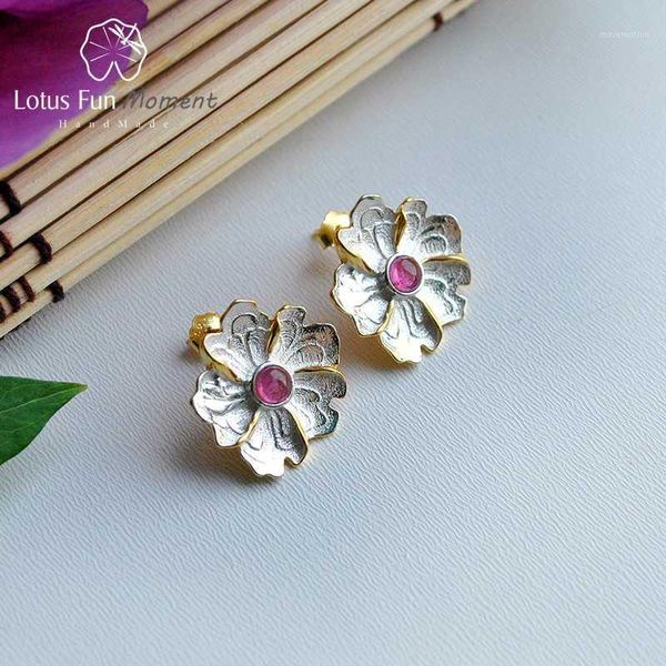 

lotus fun moment real 925 sterling silver natural stone original handmade fashion jewelry peony flower stud earrings for women1, Golden;silver