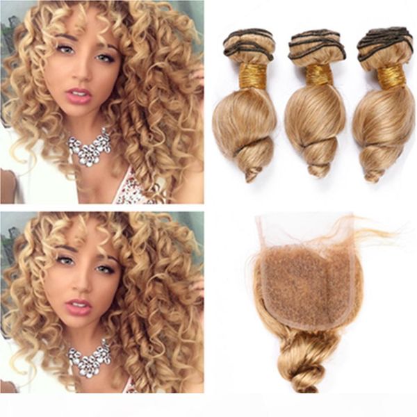 

honey blonde loose wave malaysian human hair bundles with closure #27 light brown wavy virgin hair weaves 3bundles with lace closure 4x4, Black;brown