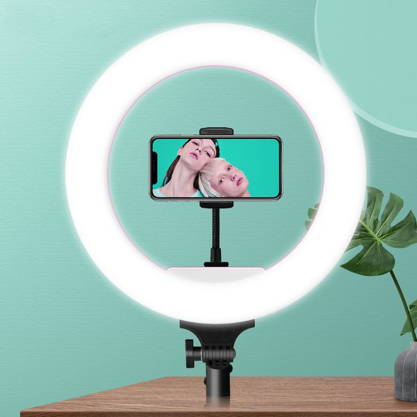 

pink stepless dimmable remote control ring light with phone holder for pgraphy makeup selfie video p on youtube tiktok