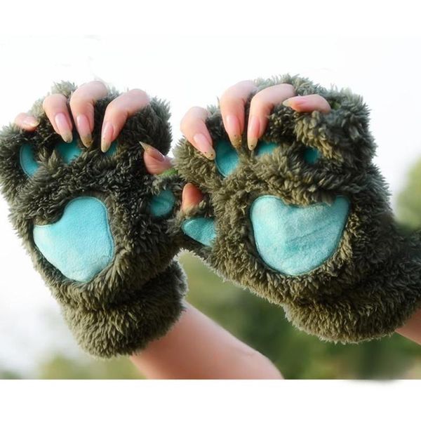

women half covered gloves girls cute plush bear claw mitten gloves winter half-finger keep warm ladies accessories, Blue;gray