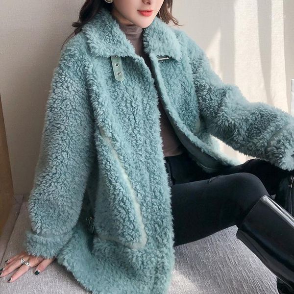 

2021 new autumn winter women fashion thick warm genuine wool fur coat office lady sheep shearing motorcycle outewear jacket z2151, Black