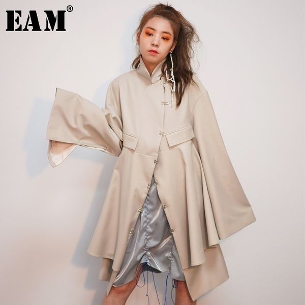 

[eam] new spring autumn lapel long sleeve backless hollow out irregular hem big size windbreaker women trench fashion jo345 201028, Tan;black
