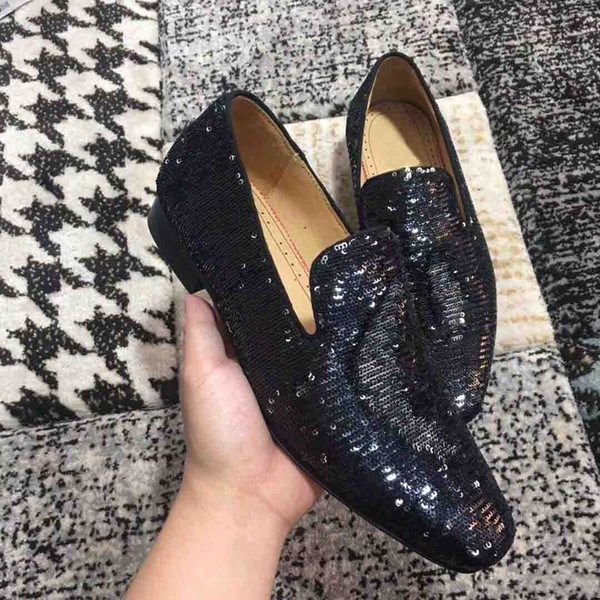 

оригинальная коробка] красные подошвы платье квартиры мужчин одуванчика мокасины черные блестки кожаные кроссовки плоские красные днище для, Black