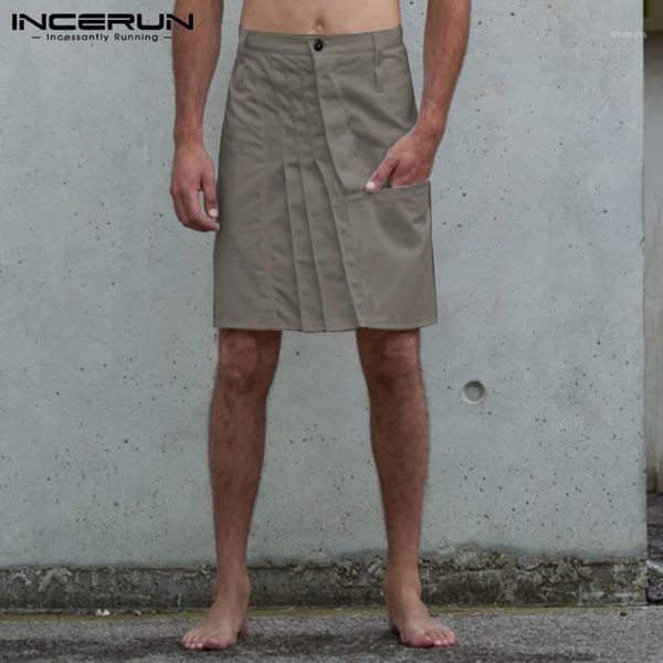 

vintage men skirts pants casual button solid color pleated skirts trousers men kilt fashion punk style pants s-5xl incerun1, Black