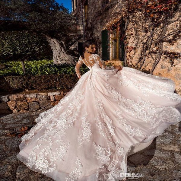 

long sleeves a line wedding dresses illusion sheer appliqued lace modern design bridal gowns boho custom made marriage dress robe de mariee, White