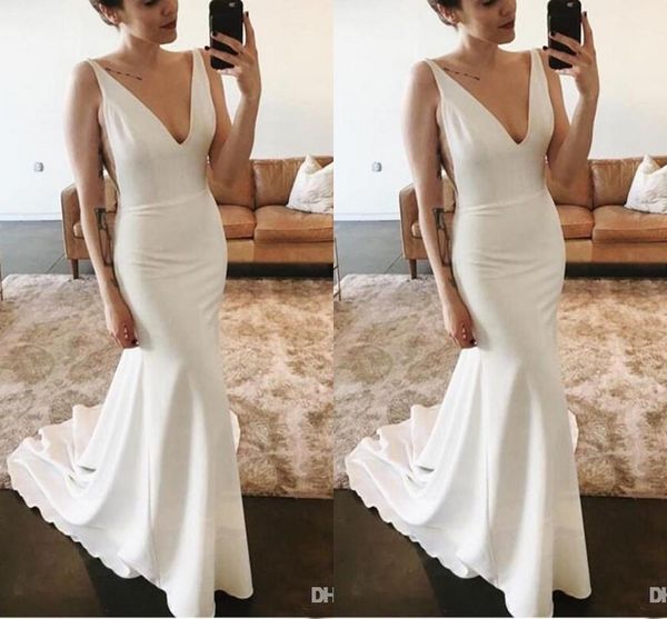 

setwell deep v-neck mermaid wedding dresses sleeveless see through floor length sweep train simple bridal gowns, White