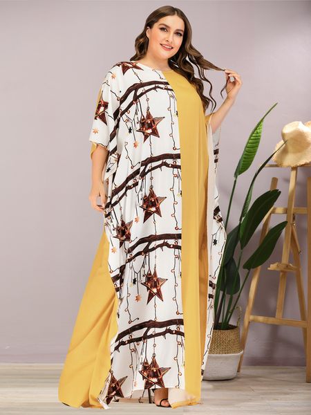 

plus size selling batwing sleeve viscose color contrast print dress floor length crew neck fashion ladies maxi dress, Black;gray