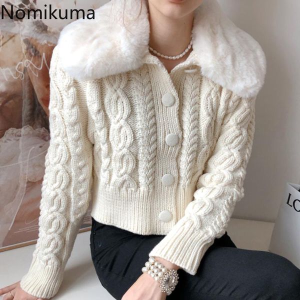 

women's knits & tees nomikuma korean twisted short sweater autumn winter fur turn-down collar knitted jacket causal long sleeve knitwea, White