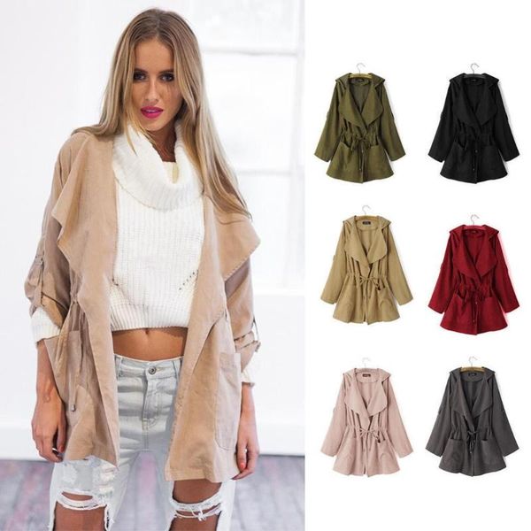 

2020 new women hooded trench casual slim fit loose long sleeve solid coats feminine adjustable waist street wear outerwear, Tan;black
