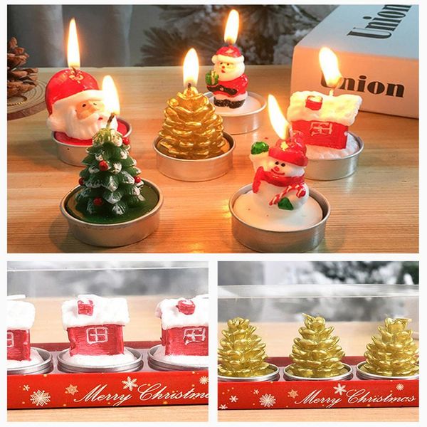 

3 pcs box christmas candles santa snowman pine cones christmas tree shape unscented smokeless tea light candle home decoration wmtmuw