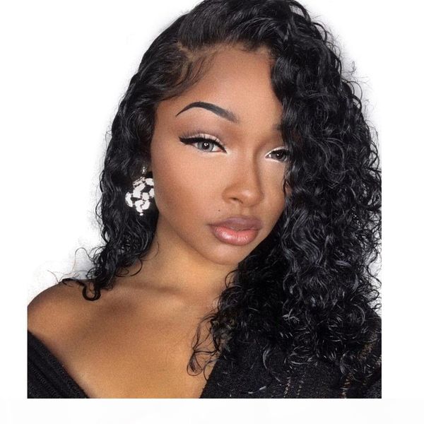

360 lace frontal curly human hair wigs 180% density brazilian afro deep curly wigs with baby for black women 14 inches natural color, Black;brown