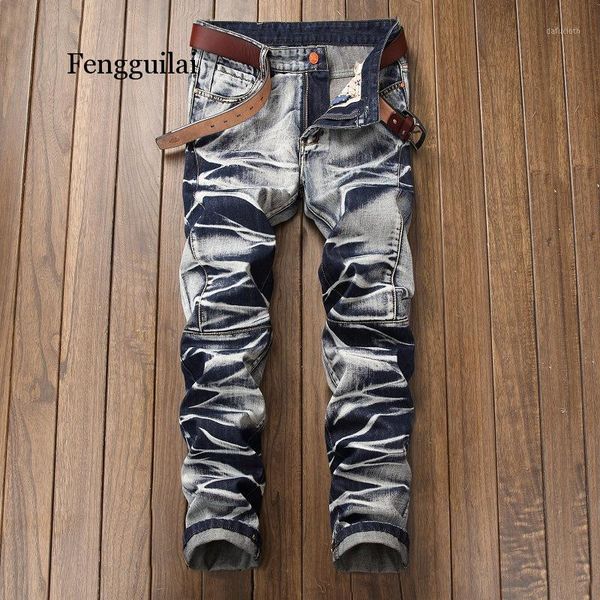 

men casual jeans coated slim straight pleated biker jeans pants male denim casual pants plus size 421, Blue