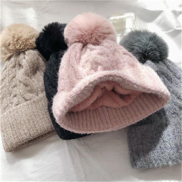

beanie/skull caps 1pcs autumn and winter thickened plus velvet warm knitted hat women's big ball cap korean version of the crimped, Blue;gray