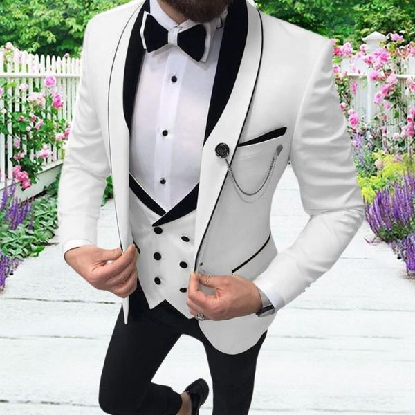

aesido men's casual suits slim fit 3 piece prom tuxedos shawl lapel double breasted vest blazer pants grooms wedding party 2021, White;black
