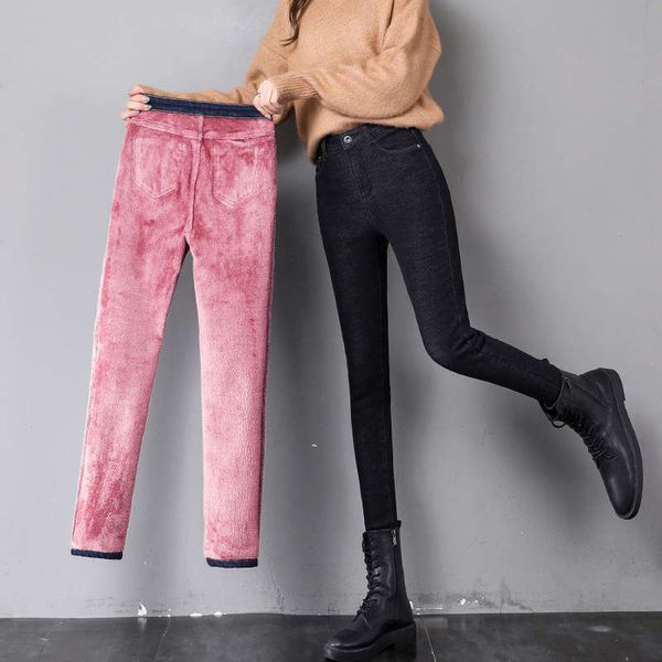 

2020 denim women's leggings high waist elastic tight skinny winter warm with plush pencil pants, Blue