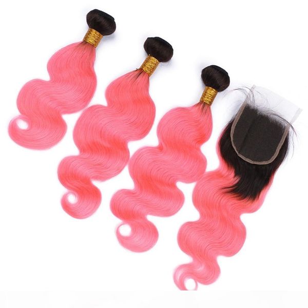 

dark root #1b and pink ombre virgin indian hair weft body wave weave bundles with 4x4 lace closure ombre pink human hair extensions, Black;brown