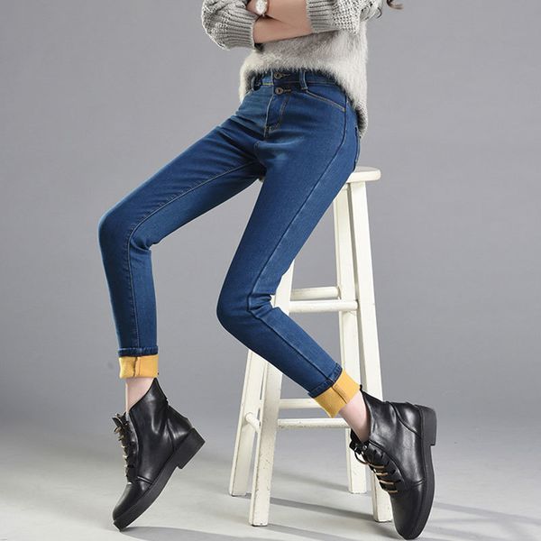 

women winter new high waist plus velvet thick double breasted elastic feet trousers women's jeans, Blue
