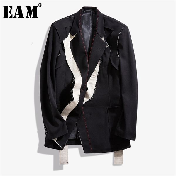 

[eam] women black contrast color burr split blazer new lapel long sleeve loose fit jacket fashion spring autumn lj200815, White;black