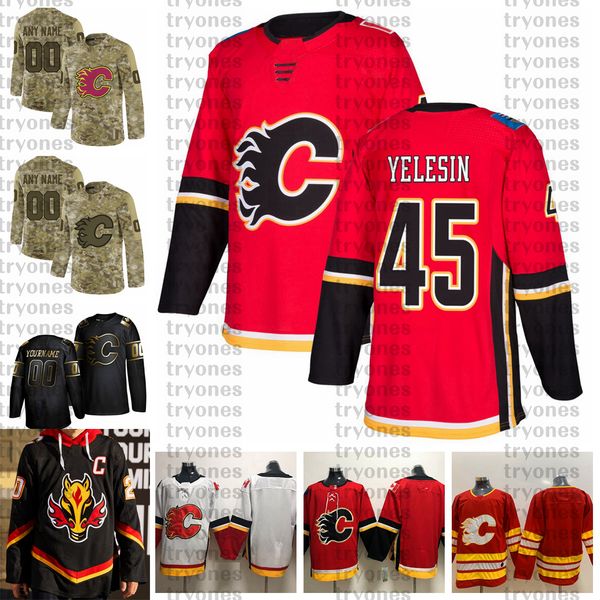 

2021 reverse retro customize #45 alexander yelesin calgary flames jerseys golden edition camo veterans day fights cancer hockey jersey, Black;red