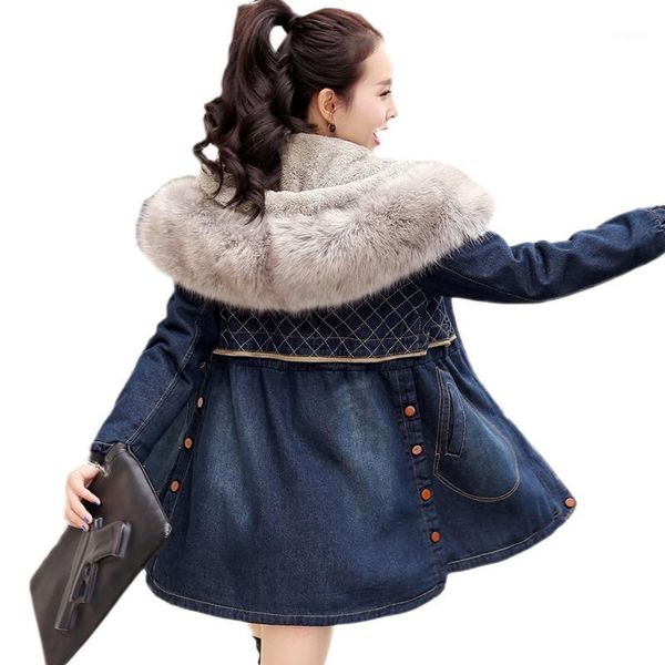 

2019 winter parkas slim new medium long thickened denim coat loose cotton jacket female hooded fur collar jacket jia2091, Black