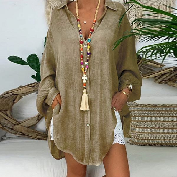 

long sleeve cotton linen blouses shirts button solid loose female tunic casual v neck plus size autumn cardigan women's blouses q1216, White