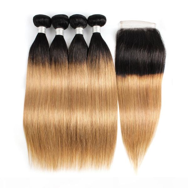 

1b 27 brazilian virgin straight human hair bundles with closure ombre honey blonde 4 bundles with lace closure 100% remy hair extensions, Black;brown