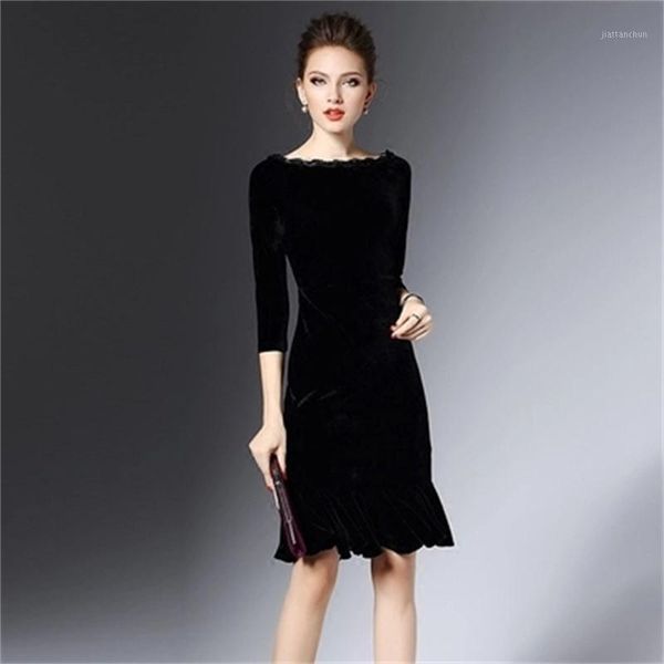 

gold velvet women's winter new wave of celebrities slim black flounced dress women1, Black;gray
