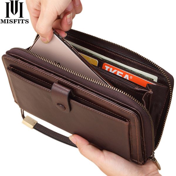 

misfits 2020 male clutch genuine leather men's wallet long wallet brand cowskin card holder men hasp vintage clutch wallets c1115, Red;black